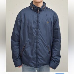 Polo Ralph Lauren Men’s Blue puffer jacket leather trim size medium